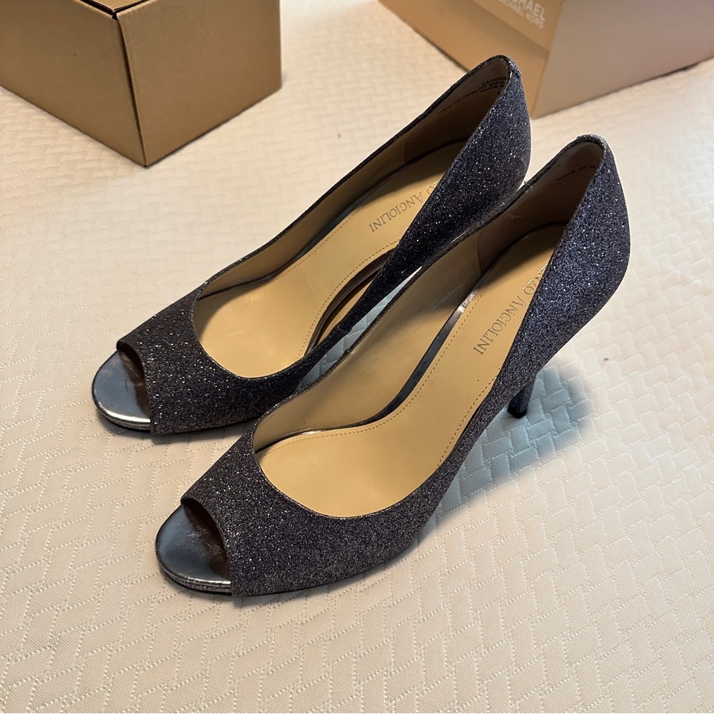Enzo Angiolini Pewter Glitter open toe heels